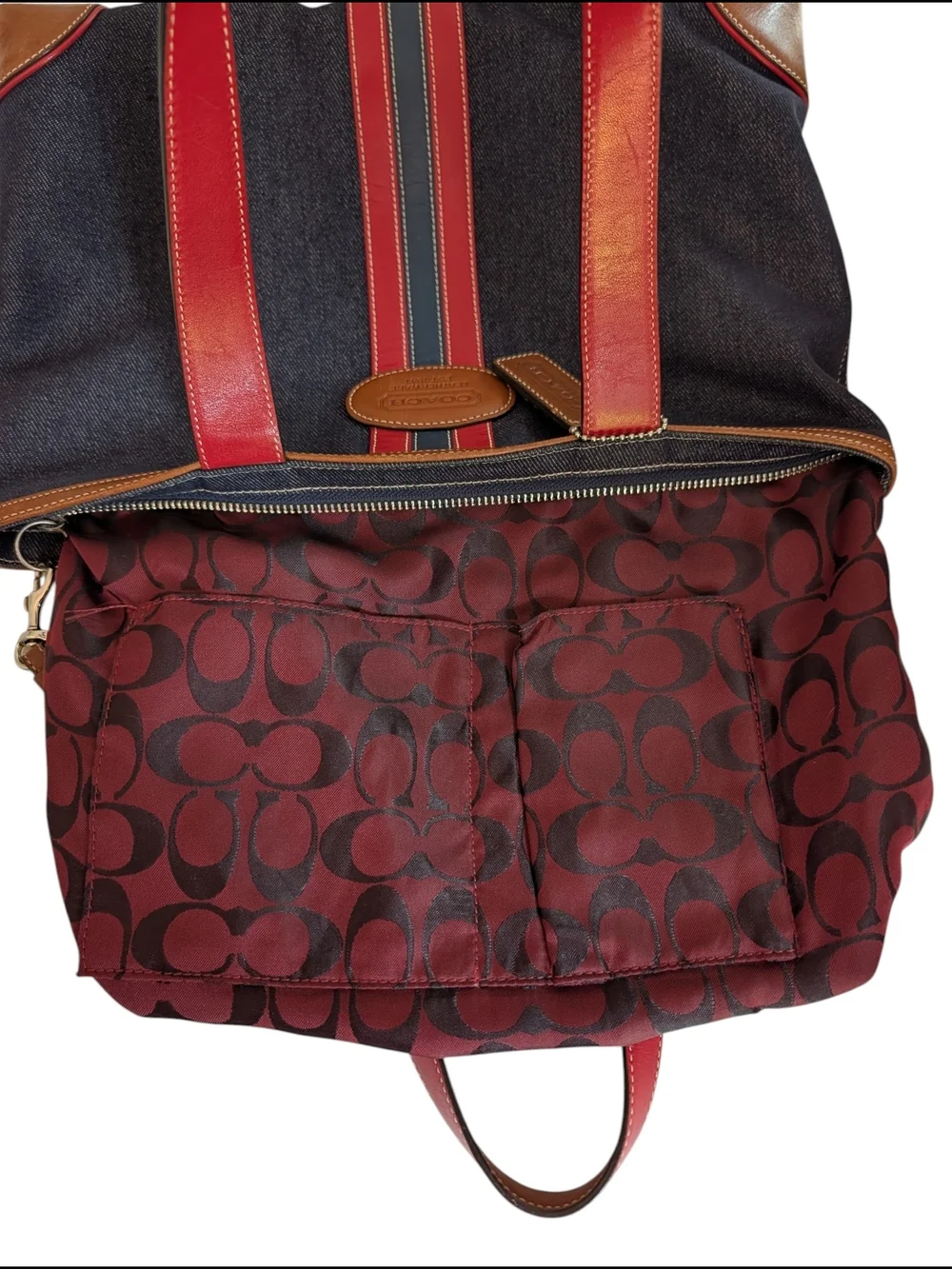 Coach Vintage Y2K Denim Leather Racing Stripe Tote Bag Leatherware (C04K-6866)